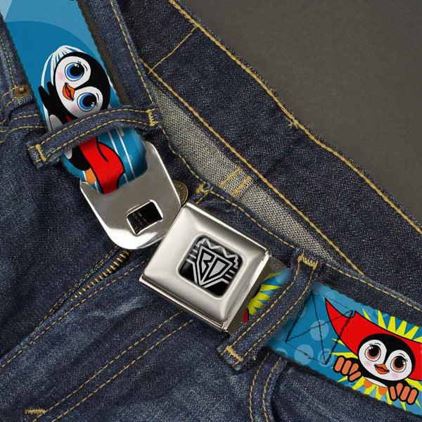 Buckle Down BD Wings Logo CLOSE-UP Full Color Black Silver Seatbelt Belt - Penguin Superhero Blue Bubbles Webbing