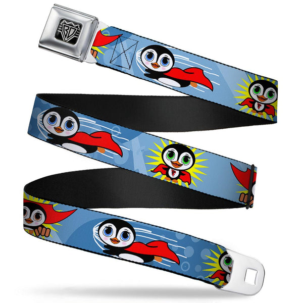 buckle down BD Wings Logo CLOSE-UP Full Color Black Silver Seatbelt Belt - Penguin Superhero Blue Bubbles Webbing