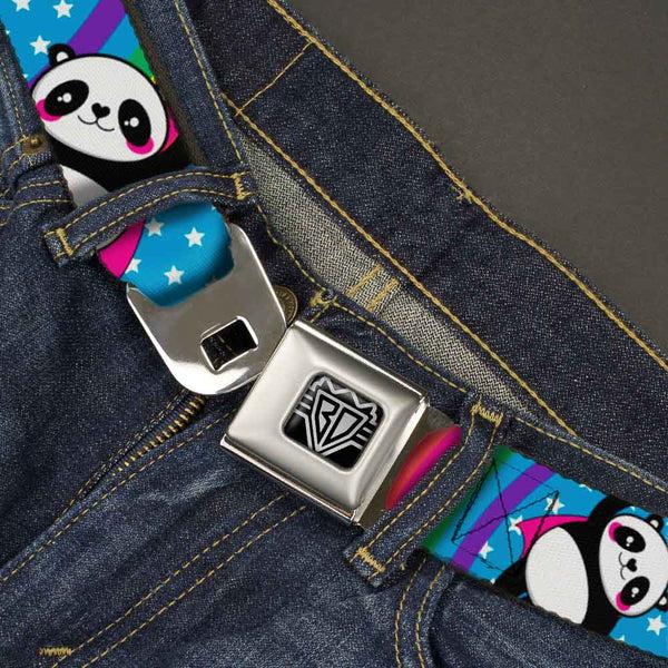 Buckle Down BD Wings Logo CLOSE-UP Full Color Black Silver Seatbelt Belt - Pandas & Rainbows W/Stars Webbing