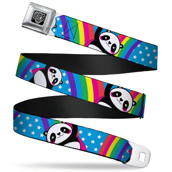 buckle down BD Wings Logo CLOSE-UP Full Color Black Silver Seatbelt Belt - Pandas & Rainbows w/Stars Webbing