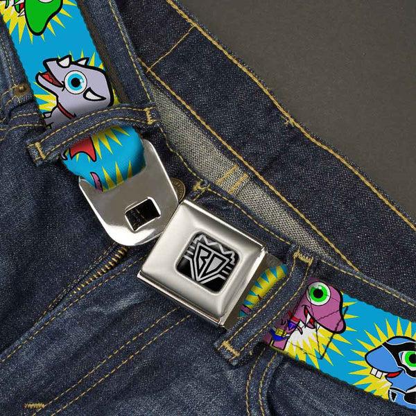 Buckle Down BD Wings Logo CLOSE-UP Full Color Black Silver Seatbelt Belt - Dinosaur Superhero Baby Blue Webbing