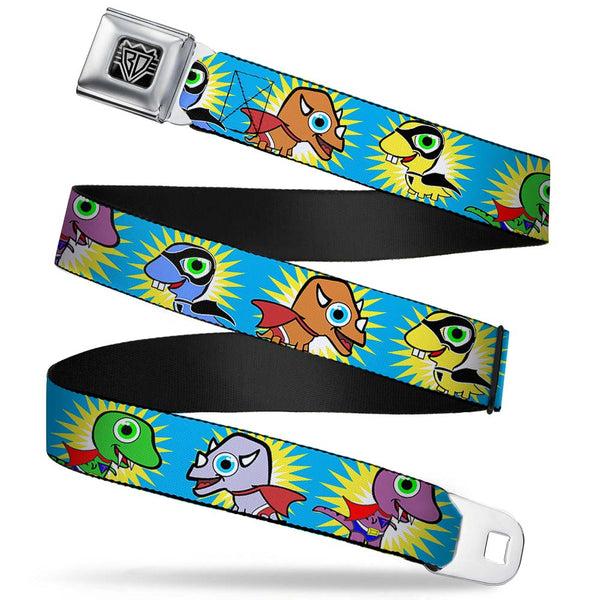 buckle down BD Wings Logo CLOSE-UP Full Color Black Silver Seatbelt Belt - Dinosaur Superhero Baby Blue Webbing