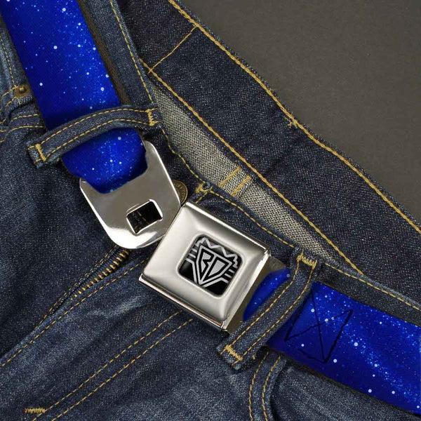 Buckle Down BD Wings Logo CLOSE-UP Full Color Black Silver Seatbelt Belt - Galaxy Arch Blues/White Webbing