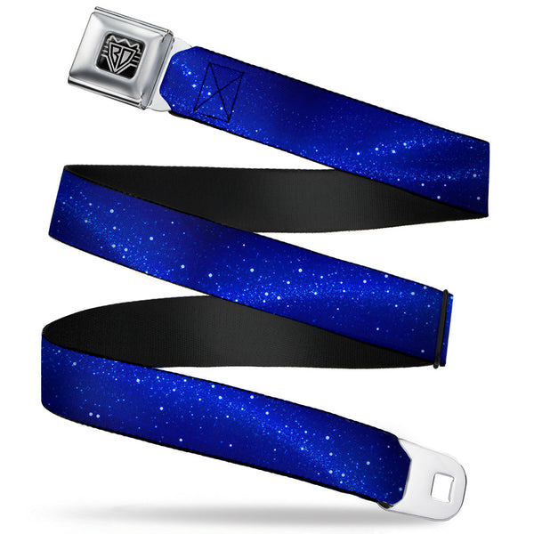 buckle down BD Wings Logo CLOSE-UP Full Color Black Silver Seatbelt Belt - Galaxy Arch Blues/White Webbing