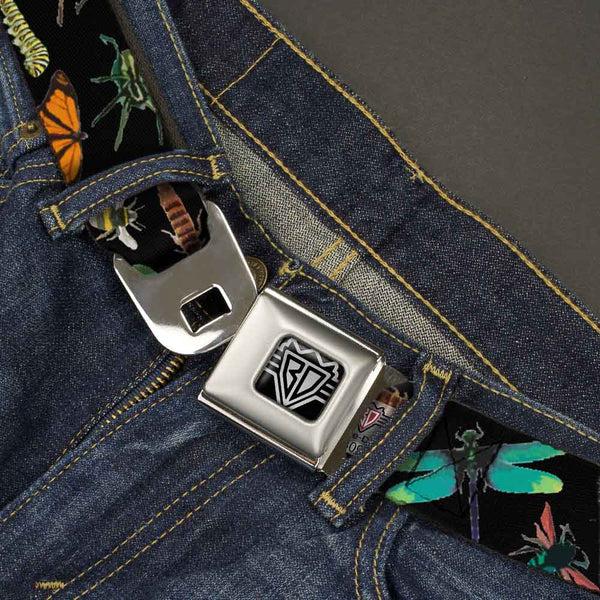 Buckle Down BD Wings Logo CLOSE-UP Full Color Black Silver Seatbelt Belt - Insects Scattered CLOSE-UP Black Webbing
