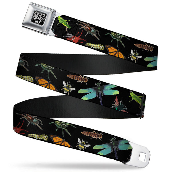 buckle down BD Wings Logo CLOSE-UP Full Color Black Silver Seatbelt Belt - Insects Scattered CLOSE-UP Black Webbing