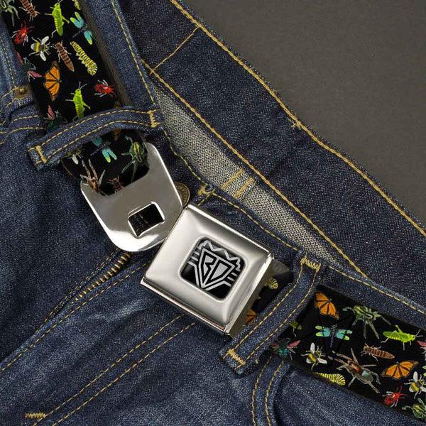 Buckle Down BD Wings Logo CLOSE-UP Full Color Black Silver Seatbelt Belt - Insects Scattered Black Webbing