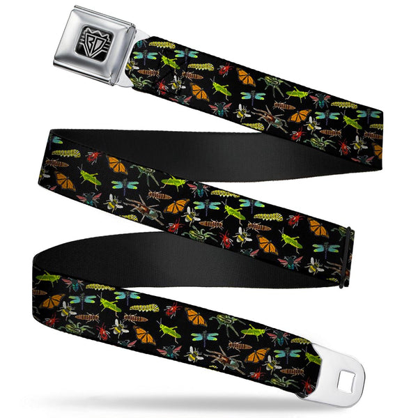 buckle down BD Wings Logo CLOSE-UP Full Color Black Silver Seatbelt Belt - Insects Scattered Black Webbing