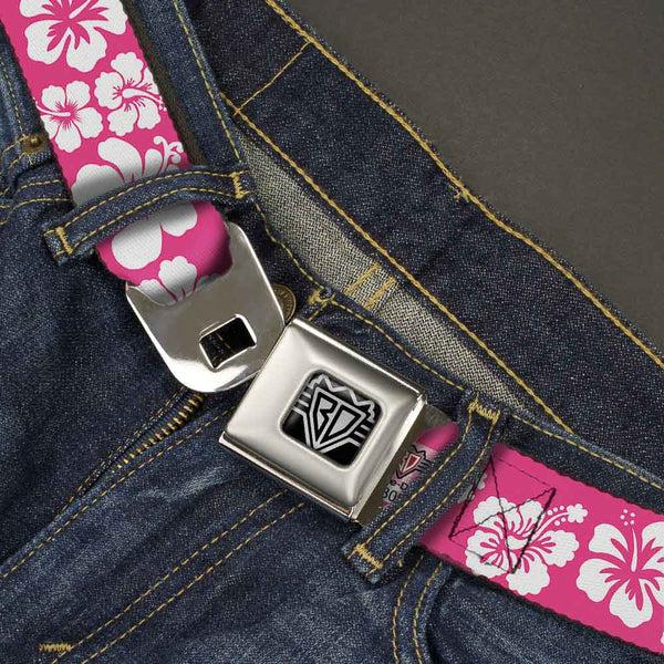 Buckle Down BD Wings Logo CLOSE-UP Full Color Black Silver Seatbelt Belt - Hibiscus Neon Pink/White Webbing