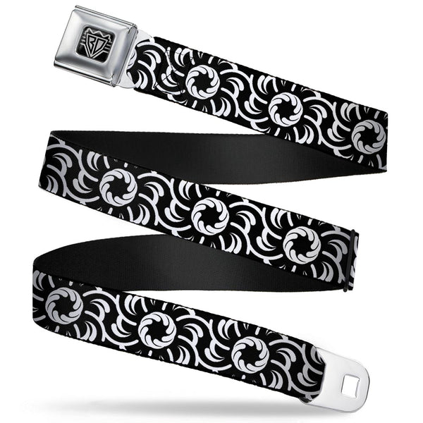 buckle down BD Wings Logo CLOSE-UP Full Color Black Silver Seatbelt Belt - Floral Pinwheel Black/White Webbing