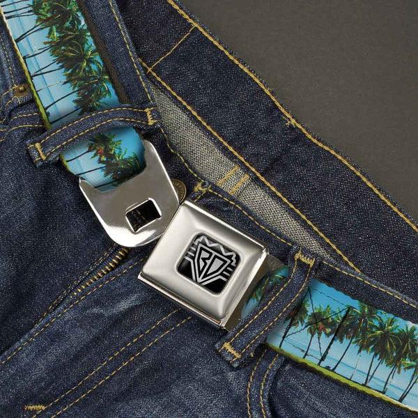 Buckle Down BD Wings Logo CLOSE-UP Full Color Black Silver Seatbelt Belt - Landscape Beach Palm Trees Webbing
