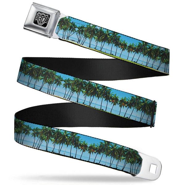 buckle down BD Wings Logo CLOSE-UP Full Color Black Silver Seatbelt Belt - Landscape Beach Palm Trees Webbing