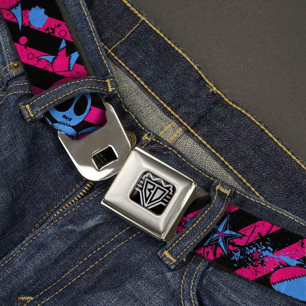Buckle Down BD Wings Logo CLOSE-UP Full Color Black Silver Seatbelt Belt - Voodoo Black/Pink/Blue Webbing