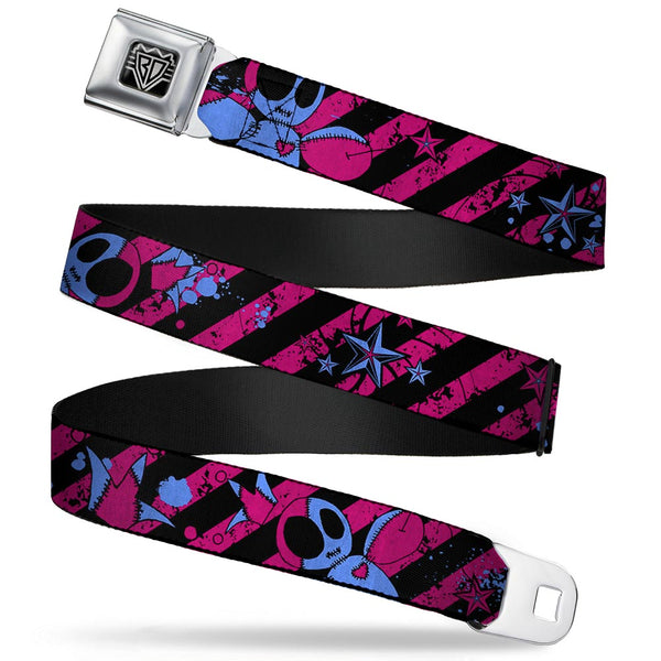 buckle down BD Wings Logo CLOSE-UP Full Color Black Silver Seatbelt Belt - Voodoo Black/Pink/Blue Webbing