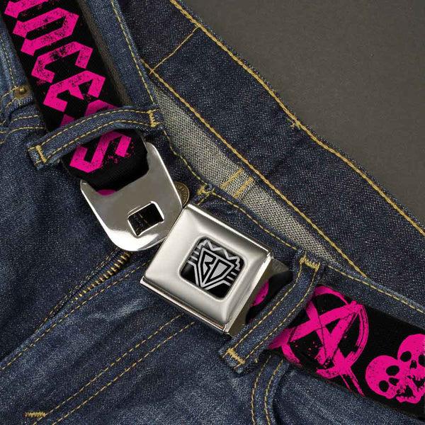 Buckle Down BD Wings Logo CLOSE-UP Full Color Black Silver Seatbelt Belt - Punk Princess Black/Fuchsia Webbing