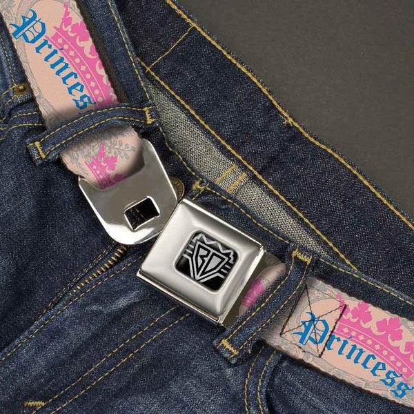 Buckle Down BD Wings Logo CLOSE-UP Full Color Black Silver Seatbelt Belt - Crown Princess Oval Baby Pink/Baby Blue Webbing