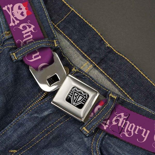 Buckle Down BD Wings Logo CLOSE-UP Full Color Black Silver Seatbelt Belt - Angry Girl Purple/Pink Webbing