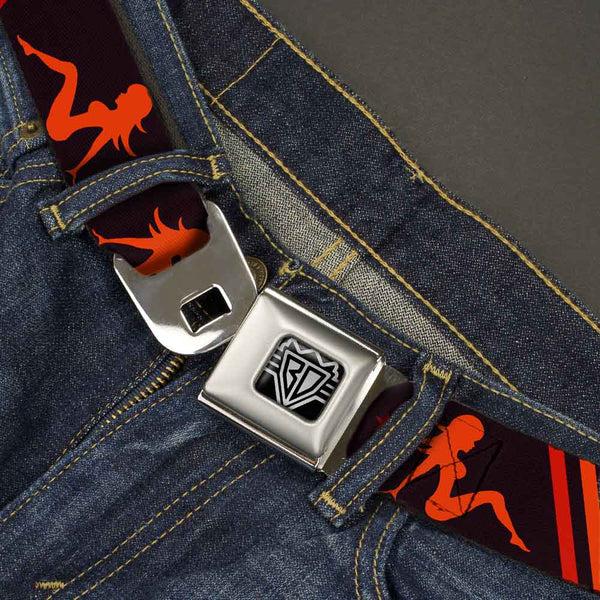 Buckle Down BD Wings Logo CLOSE-UP Full Color Black Silver Seatbelt Belt - Mud Flap Girls W/Stripes Black/Red/Orange Webbing