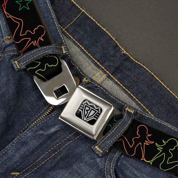 Buckle Down BD Wings Logo CLOSE-UP Full Color Black Silver Seatbelt Belt - Mud Flap Girls W/Star Outline Black/Multi Color Webbing