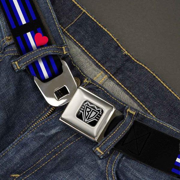 Buckle Down BD Wings Logo CLOSE-UP Full Color Black Silver Seatbelt Belt - Flag Leather Black/Blue/Red/White Webbing