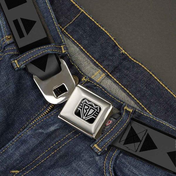 Buckle Down BD Wings Logo CLOSE-UP Full Color Black Silver Seatbelt Belt - Control Buttons Black/Gray Webbing