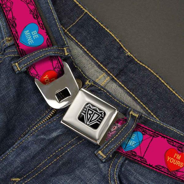 Buckle Down BD Wings Logo CLOSE-UP Full Color Black Silver Seatbelt Belt - Candy Hearts Webbing