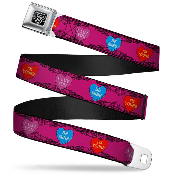 buckle down BD Wings Logo CLOSE-UP Full Color Black Silver Seatbelt Belt - Candy Hearts Webbing