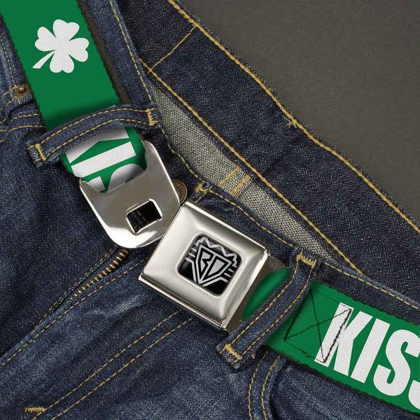 Buckle Down BD Wings Logo CLOSE-UP Full Color Black Silver Seatbelt Belt - St. Pat's KISS ME I'M DRUNK/Shamrock Green/White Webbing