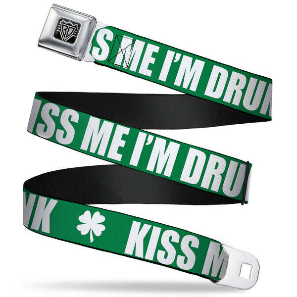 buckle down BD Wings Logo CLOSE-UP Full Color Black Silver Seatbelt Belt - St. Pat's KISS ME I'M DRUNK/Shamrock Green/White Webbing