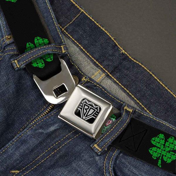 Buckle Down BD Wings Logo CLOSE-UP Full Color Black Silver Seatbelt Belt - St. Pat's Black/Clovers Webbing