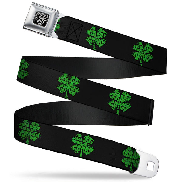 buckle down BD Wings Logo CLOSE-UP Full Color Black Silver Seatbelt Belt - St. Pat's Black/Clovers Webbing