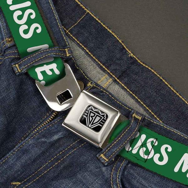Buckle Down BD Wings Logo CLOSE-UP Full Color Black Silver Seatbelt Belt - KISS ME I'M IRISH Clovers Green/White Webbing