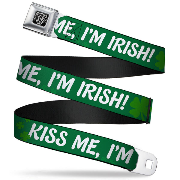 buckle down BD Wings Logo CLOSE-UP Full Color Black Silver Seatbelt Belt - KISS ME I'M IRISH Clovers Green/White Webbing
