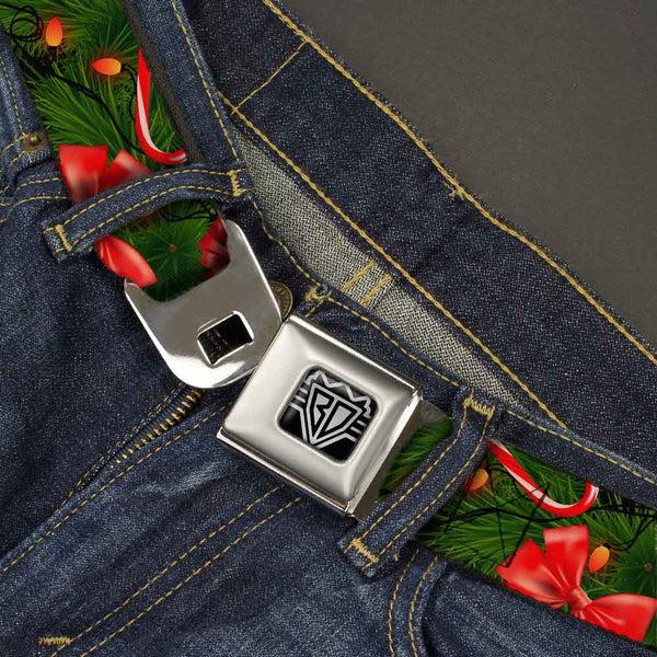 Buckle Down BD Wings Logo CLOSE-UP Full Color Black Silver Seatbelt Belt - Decorated Tree2 W/Bows/Lights/Candy Canes Webbing