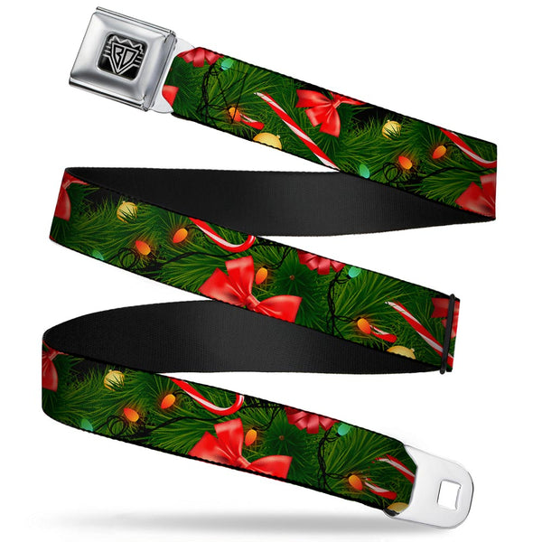 buckle down BD Wings Logo CLOSE-UP Full Color Black Silver Seatbelt Belt - Decorated Tree2 w/Bows/Lights/Candy Canes Webbing