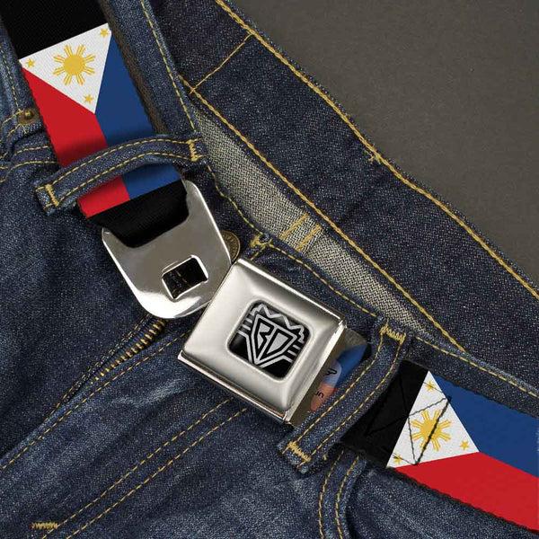 Buckle Down BD Wings Logo CLOSE-UP Full Color Black Silver Seatbelt Belt - Philippines Flags Webbing