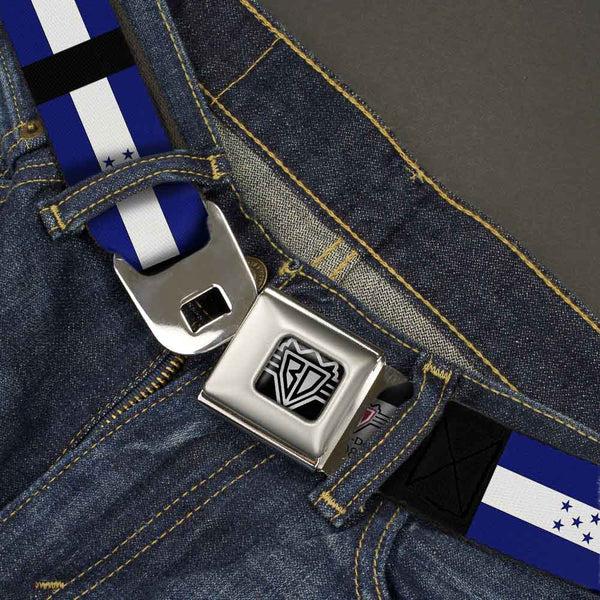 Buckle Down BD Wings Logo CLOSE-UP Full Color Black Silver Seatbelt Belt - Honduras Flags Webbing