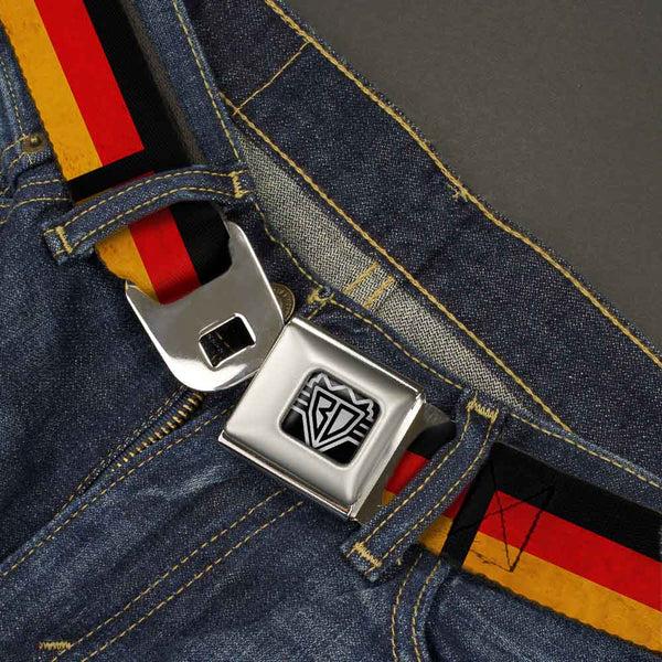 Buckle Down BD Wings Logo CLOSE-UP Full Color Black Silver Seatbelt Belt - German Flag Distressed Webbing