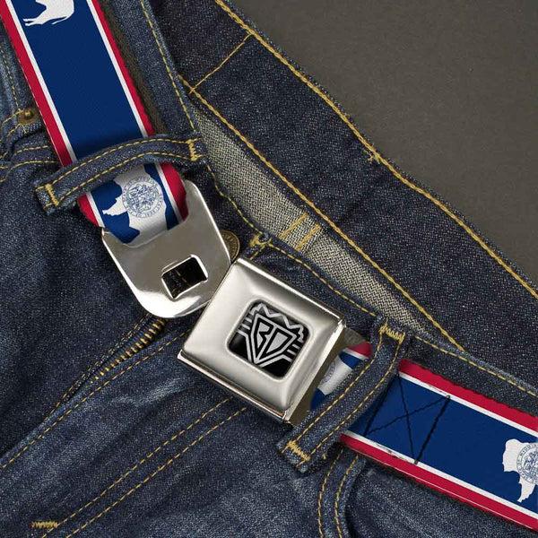 Buckle Down BD Wings Logo CLOSE-UP Full Color Black Silver Seatbelt Belt - Wyoming Flags Webbing
