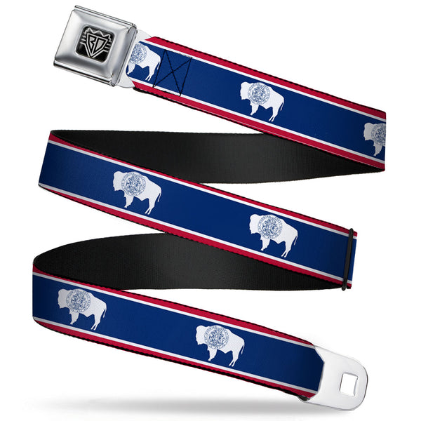 buckle down BD Wings Logo CLOSE-UP Full Color Black Silver Seatbelt Belt - Wyoming Flags Webbing