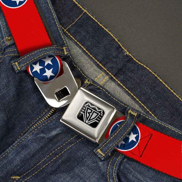 Buckle Down BD Wings Logo CLOSE-UP Full Color Black Silver Seatbelt Belt - Tennessee Flag Stars Red/White/Blue Webbing