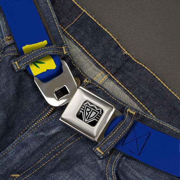 Buckle Down BD Wings Logo CLOSE-UP Full Color Black Silver Seatbelt Belt - Oregon State Silhouette/Marijuana Leaf Blue/Yellow/Green Webbing