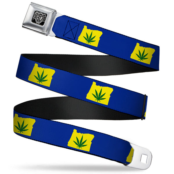 buckle down BD Wings Logo CLOSE-UP Full Color Black Silver Seatbelt Belt - Oregon State Silhouette/Marijuana Leaf Blue/Yellow/Green Webbing
