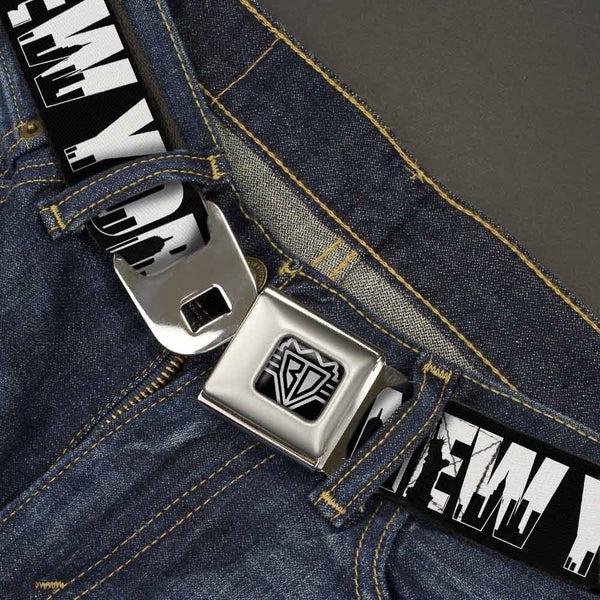 Buckle Down BD Wings Logo CLOSE-UP Full Color Black Silver Seatbelt Belt - NEW YORK Bold/Skyline Silhouette Black/White/Black Webbing