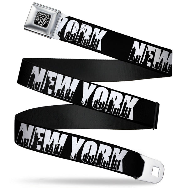 buckle down BD Wings Logo CLOSE-UP Full Color Black Silver Seatbelt Belt - NEW YORK Bold/Skyline Silhouette Black/White/Black Webbing