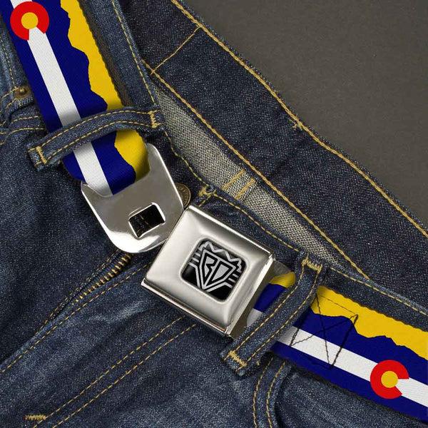 Buckle Down BD Wings Logo CLOSE-UP Full Color Black Silver Seatbelt Belt - Colorado Flag/Mountain Silhouette Yellow Webbing