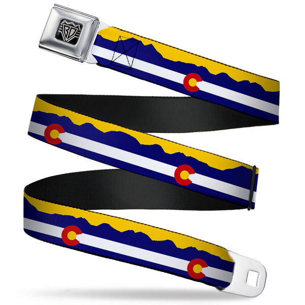 buckle down BD Wings Logo CLOSE-UP Full Color Black Silver Seatbelt Belt - Colorado Flag/Mountain Silhouette Yellow Webbing