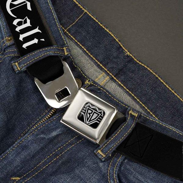 Buckle Down BD Wings Logo CLOSE-UP Full Color Black Silver Seatbelt Belt - CALI Old English Black/White Webbing