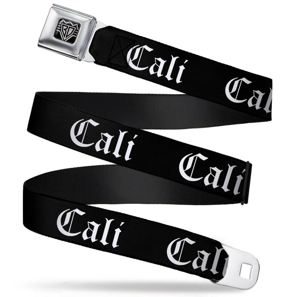 buckle down BD Wings Logo CLOSE-UP Full Color Black Silver Seatbelt Belt - CALI Old English Black/White Webbing