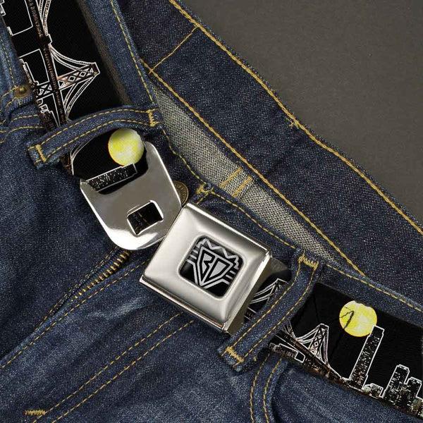 Buckle Down BD Wings Logo CLOSE-UP Full Color Black Silver Seatbelt Belt - San Francisco W/Moon Vivid Skyline Black Webbing